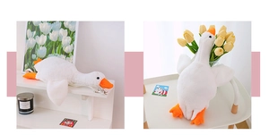 Detail view of white goose plush bag featuring soft faux fur and orange fabric accents