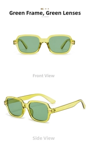 Detail view of square yellow resin sunglasses with green lenses and metal rice nails