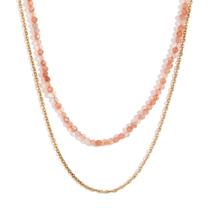Double-layer 18K gold-plated stainless steel necklace with pink-orange sunstone beads