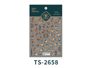Detail of 3D embossed nail stickers with persimmon and lucky Chinese character designs