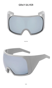 Detail view of silver-gray wrap-around cyberpunk shield sunglasses from multiple angles