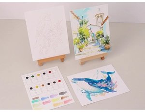 DIY watercolor set with pre-drawn canvas, mini wooden easel and solid palette cards