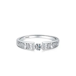 925 Sterling Silver Minimalist Hollow Star Moon Ring For Women Sparkling Round Zirconia Inlaid Fashion Jewelry Finger Ring