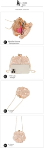 Detailed views of champagne acrylic flower clutch with gold chain and interior capacity