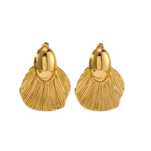 Elegant gold metal leaf earrings with shell-style texture and oval stud in minimalist design
