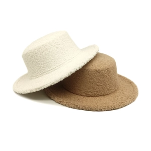 Women's warm faux lamb wool flat top fedora hat in cream and camel colors for winter