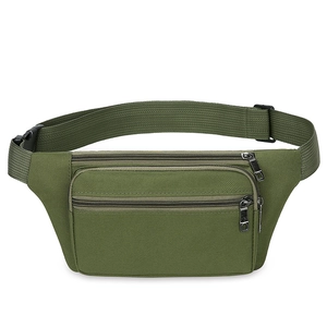 Durable army green waist bag with three zipper compartments and adjustable strap