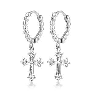 Macro shot of S925 sterling silver stamp on crystal cross pendant hoop earrings