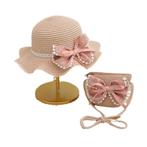 Ensemble chapeau et sac en paille pour enfants avec nœud floral rose et dentelle d'été