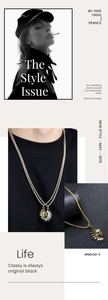 Fashion collage showing sun and moon pendant necklace in mixed gold and silver tones