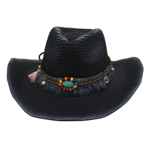 Black straw cowboy hat with bohemian turquoise, colorful beads and pink tassels