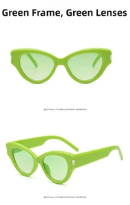 Front and side view of vintage green cat eye sunglasses with metallic silver accents