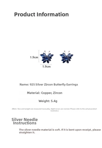 Detailed size and weight specs of blue zircon butterfly stud earrings with 925 silver needles