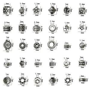 Detailed size chart for antique silver spacer beads showing dimensions and hole diameters