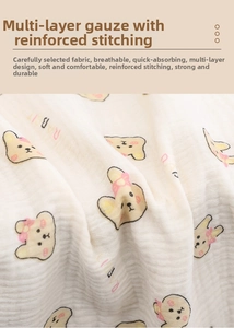 Detail of multi-layer cotton gauze baby towel with pink rabbit prints and quilted texture