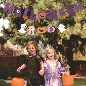 Glittery Halloween banner with purple Boo and pumpkin letters for outdoor party decor
