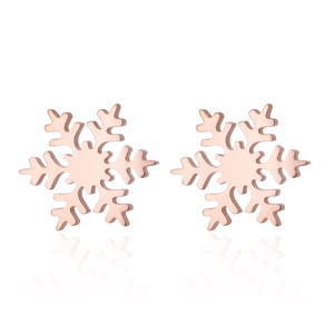 Detailed view of rose gold snowflake earrings with reflective finish and metal texture