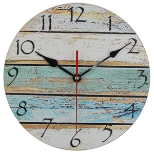 Detail of vintage wooden wall clock featuring a rustic multi-color panel face and quartz hands