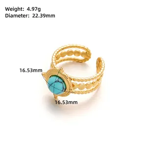 Detail of gold titanium steel ring featuring a turquoise stone with dimensions display