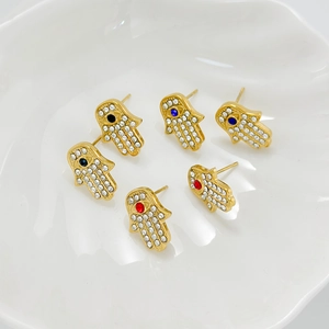 Gold Hamsa Hand stud earrings with sparkling white crystals and red, blue, or black stones