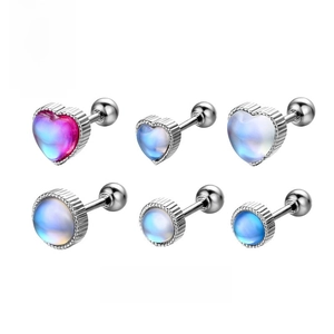 Set of 6 stainless steel ear studs with heart and round iridescent resin inlays