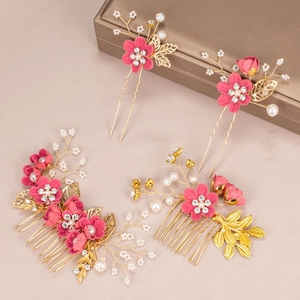 Set di pettini dorati con fiori rosa, perle bianche e strass brillanti per acconciatura