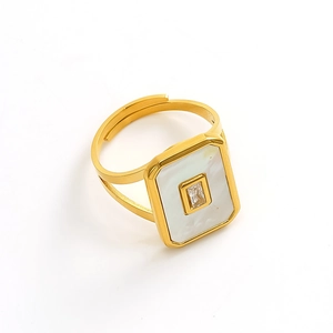 Vintage 18k gold plated stainless steel open ring with mother of pearl and zircon