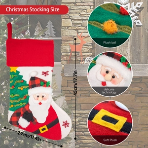 Christmas stocking with Santa Claus and tree embroidery in soft plush red and white