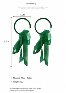 Size detail of emerald bow earrings, 5x17cm long handmade ribbon drop earring dimensions
