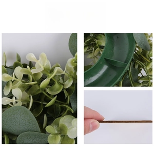 Macro details of artificial eucalyptus leaves with green plastic frame support