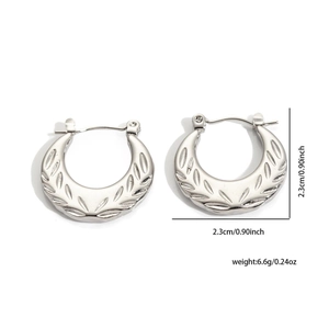 Detailed size view of silver textured leaf hoop earrings showing 2.3cm height and weight