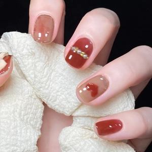 Short Press On Nails Wine Red Smudge Design With Heart Rhinestone Artificial Pearl Decor Square Round Artificial False Nails