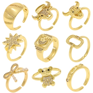 Copper Open Adjustable Rings For Women Gold Plated Zircon Artificial Pearl Geometric Bull Head Star Bow Design Elegant Jewelry