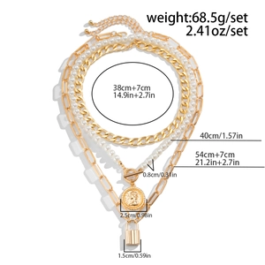 Detailed layered baroque pearl and gold chain necklace with size and weight dimensions