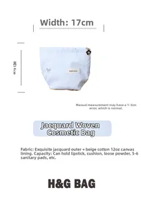 Tableau détaillé montrant la trousse à maquillage en jacquard rayé bleu et doublure toile