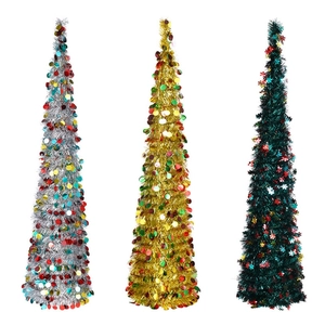 Collapsible silver gold and green sequin Christmas trees in slender conical shape