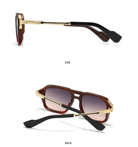 Detail view showing the golden metal hinge and purple gradient lenses of aviator sunglasses