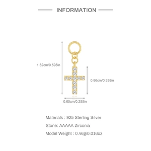 Macro shot of 925 sterling silver gold cross charm with AAAAA zircon and dimensions