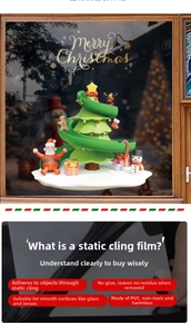 PVC electrostatic Christmas window stickers with Santa, snowman and tree on glass panels