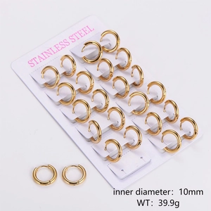 Wholesale 12-pair set of 10mm golden stainless steel round hoop earrings on display card