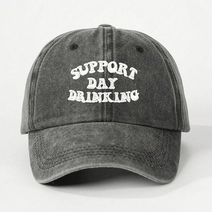 Charcoal grey washed cotton baseball cap with white Support Day Drinking embroidery