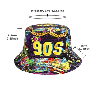 90S vintage graffiti bucket hat with colorful street style prints and sun protection