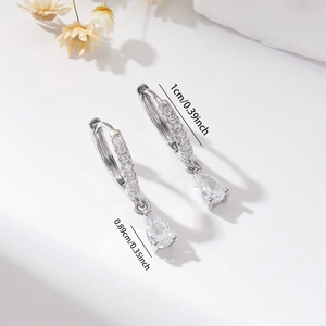 Detailed size view of silver zircon drop earrings showing 1cm loop and 0.89cm pear pendant