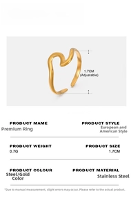 Detailed specs of adjustable gold wave ring in stainless steel showing weight and size