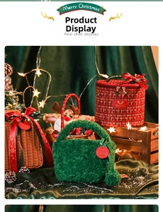 Detail view of festive red and green Christmas makeup bags and woven gift baskets on velvet