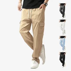 Men Straight Leg Casual Cargo Pants Quick Dry Woven Polyester Multi Pockets Drawstring Elastic Waist Summer Thin Trousers