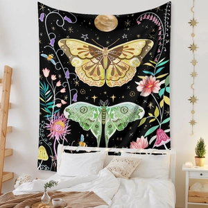 Detailed scene of bohemian tree of life tapestry with moths and celestial patterns