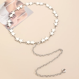 Detail of silver star waist chain with adjustable lobster clasp for stylish dresses