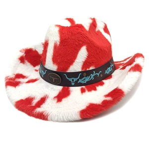 Détail de la sangle en cuir marron avec emblème tête de taureau sur un chapeau cowboy