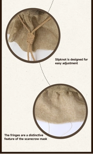Detail of burlap scarecrow mask featuring adjustable knots and rustic fringe edges
